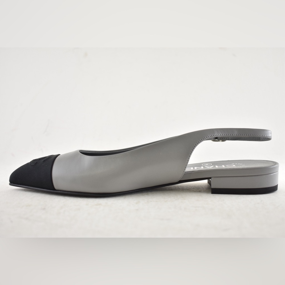 Chanel 24A Gray Leather Black CC Logo Coco Slingback Pointed Toe Ballet Flat 36c - Picture 13 of 16